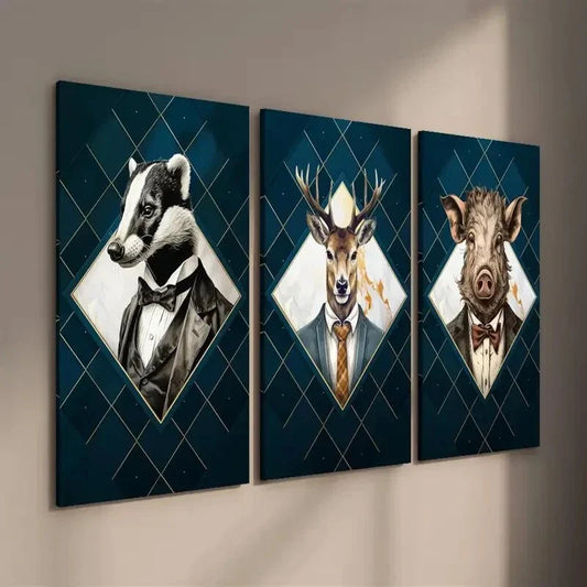 3pcs Badger Deer and Pig in Suits Wall Art Set Canvas Framed 40x60cm - High Quality Print 100% Australian Made Wall Canvas Ready to Hang