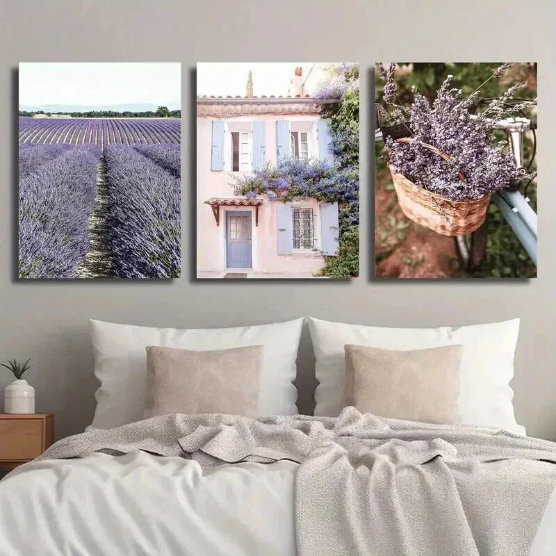 3pcs Lavender Field Provence Floral Decor Wall Art Set Canvas Framed 40x60cm - High Quality Print 100% Australian Made Wall Canvas Ready to Hang