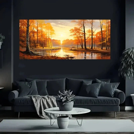 River Scene Trees & Sunset wall canvas office home room framed 80x45cm
