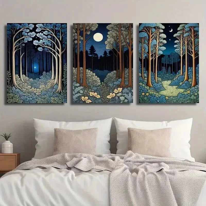 3pcs William Morris Moon and Forest Wall Art Set Canvas Framed 40x60cm - High Quality Print 100% Australian Made Wall Canvas Ready to Hang