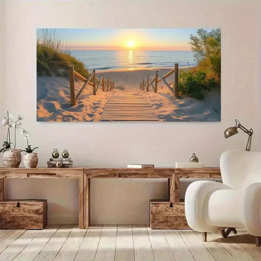 Boardwalk Sunset Coastal Beach Wall Art Canvas Office Home Room Framed 80x45cm