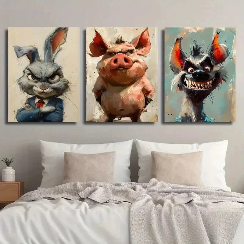 3pcs Bunny in Suit Whimsical Hyena and Pig Wall Art Set Canvas Framed 40x60cm - High Quality Print 100% Australian Made Wall Canvas Ready to Hang