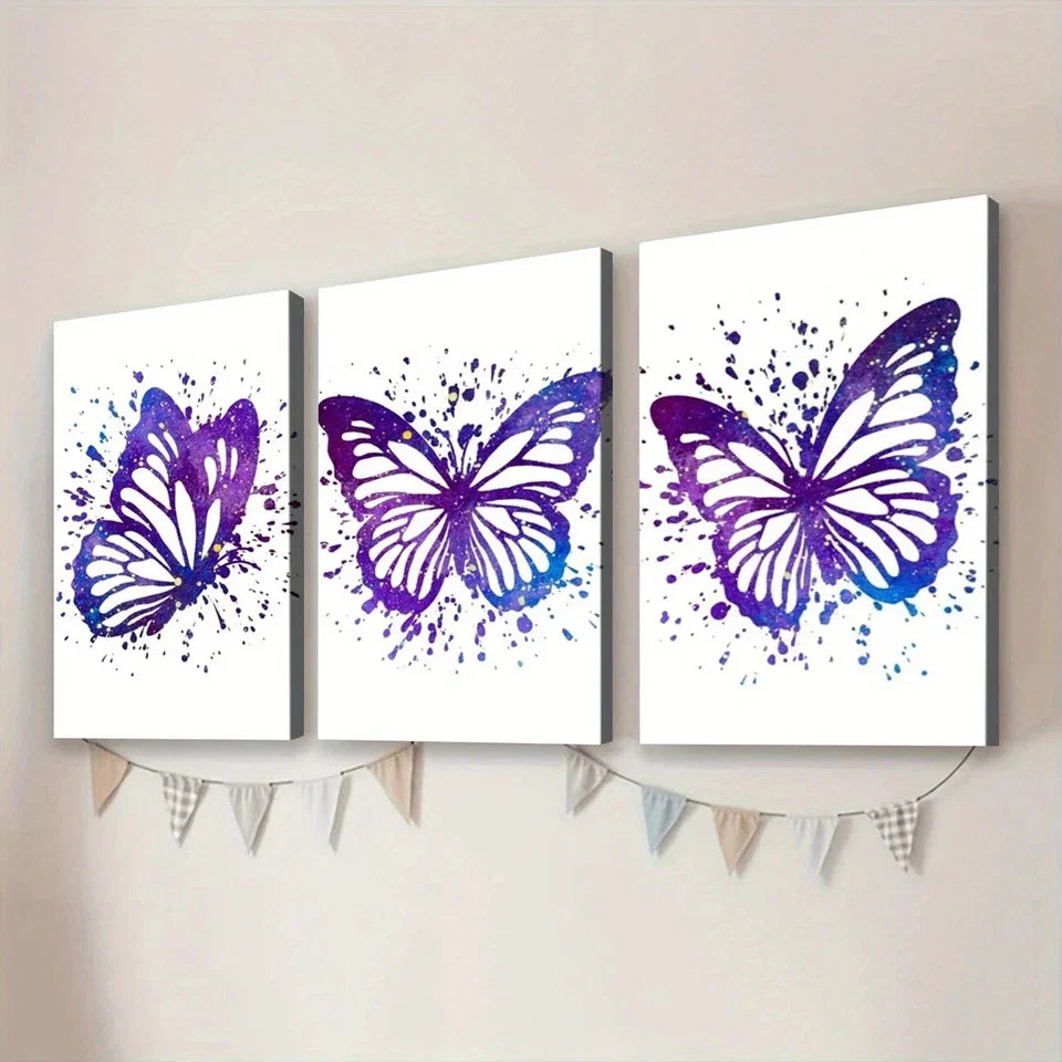 3pcs Purple Butterfly Elegant White Blue Dots Wall Art Set Canvas Framed 40x60cm - High Quality Print 100% Australian Made Wall Canvas Ready to Hang