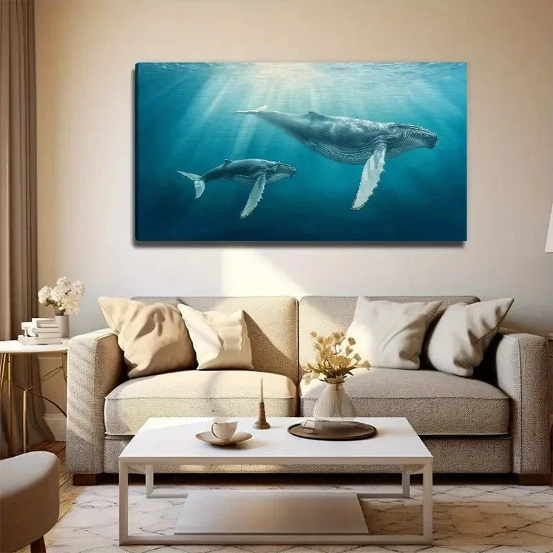 Whale Mother And Young Wall Art Canvas Office Home Room Framed 80x45cm