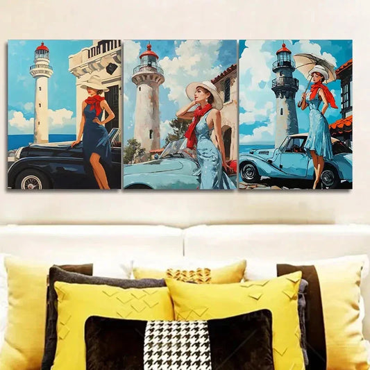 3pcs Vintage Car & Lighthouse Scene with Woman Metal Print Ready to Hang Art