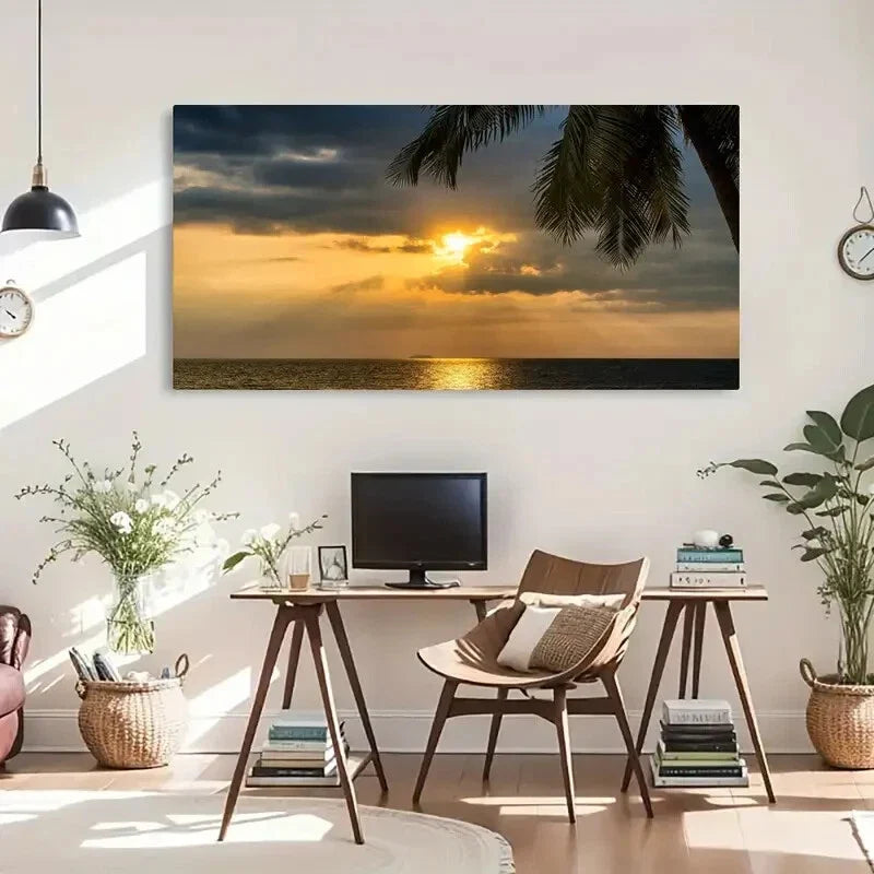 Tropical Palm Tree Sunset Wall Art Canvas Office Home Room Framed 80x45cm