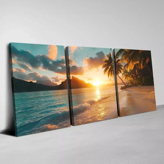 3pcs Beautiful Vintage  Beach Sunset with Trees Wall Art Set Canvas Framed 40x60cm - High Quality Print 100% Australian Made Wall Canvas Ready to Hang