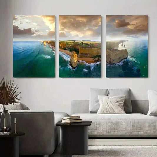 3pcs Serene Seaside Landscape with Dramatic Sky Metal Print Ready to Hang Art