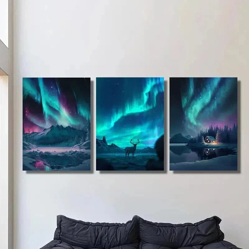 3pcs Arctic Night Scene with Auroras And Deer Wall Art Set Canvas Framed 40x60cm - High Quality Print 100% Australian Made Wall Canvas Ready to Hang