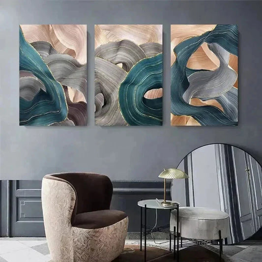 3pcs Modern Fluid Lines in Soft Golden, Blue, Metal Print Ready to Hang Art