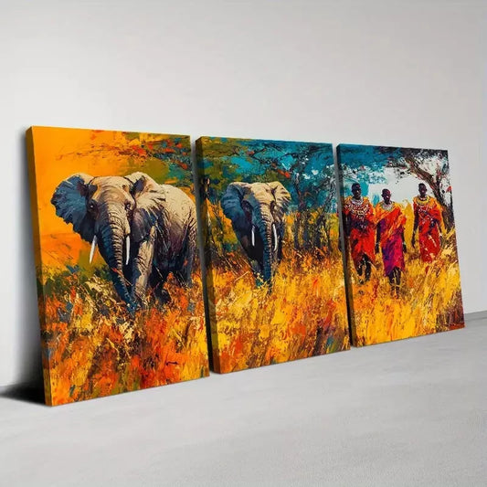 3pcs Vintage Nature African Elephants and Tribes Wall Art Set Canvas Framed 40x60cm - High Quality Print 100% Australian Made Wall Canvas Ready to Hang