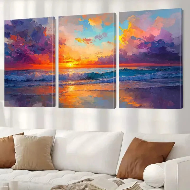 3pcs Aesthetic Sky Waves Seascape Sunset Wall Art Set Canvas Framed 40x60cm - High Quality Print 100% Australian Made Wall Canvas Ready to Hang
