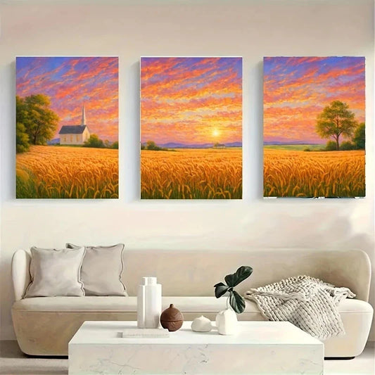 3pcs A Painting of a Sunset Over Metal Print Ready to Hang Art