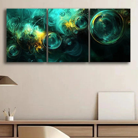 3pcs Green Bubble Abstract Golden Metal Print Ready to Hang Art