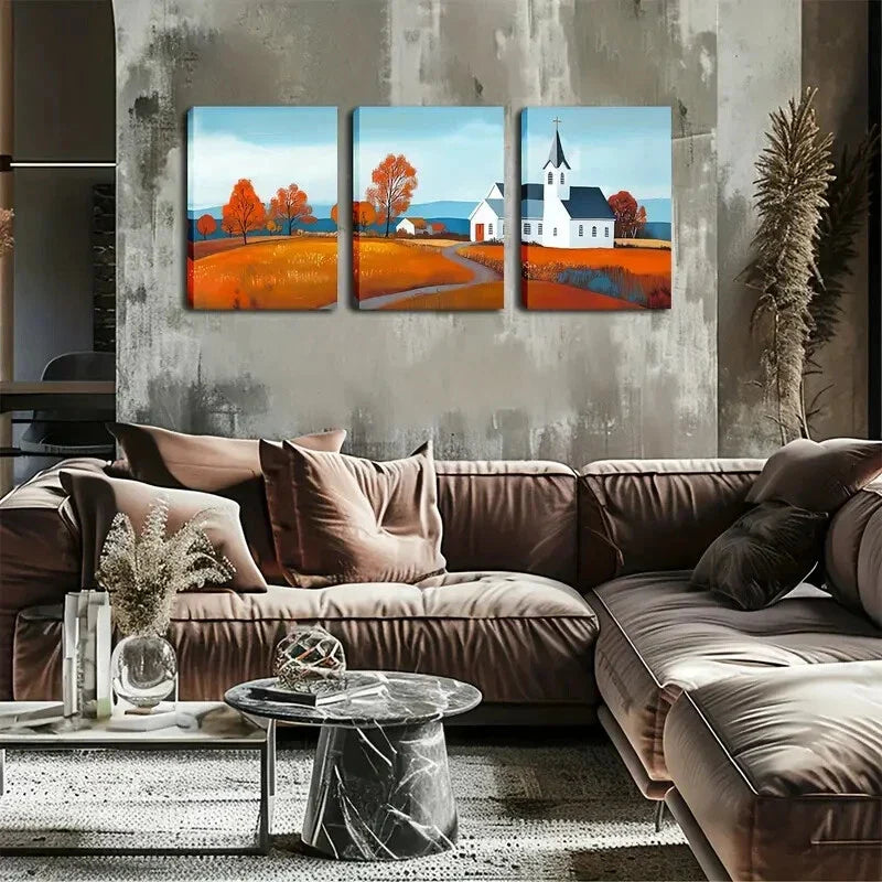3pcs Countryside Scene with Church & Orange Wall Art Set Canvas Framed 40x60cm - High Quality Print 100% Australian Made Wall Canvas Ready to Hang