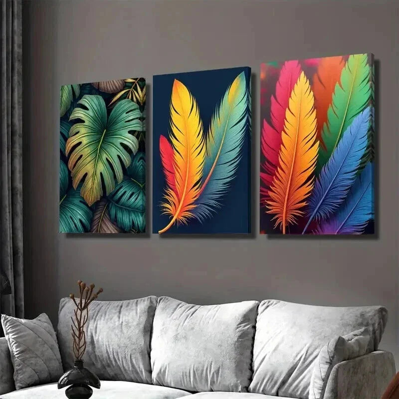 3pcs Colorful Feather and Tropical Leaf Wall Art Set Canvas Framed 40x60cm - High Quality Print 100% Australian Made Wall Canvas Ready to Hang