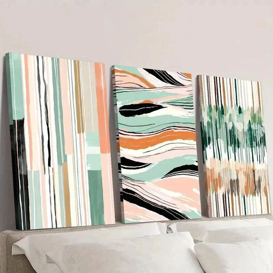 3pcs Modern Colorful Striped Green & Pink Wall Art Set Canvas Framed 40x60cm - High Quality Print 100% Australian Made Wall Canvas Ready to Hang