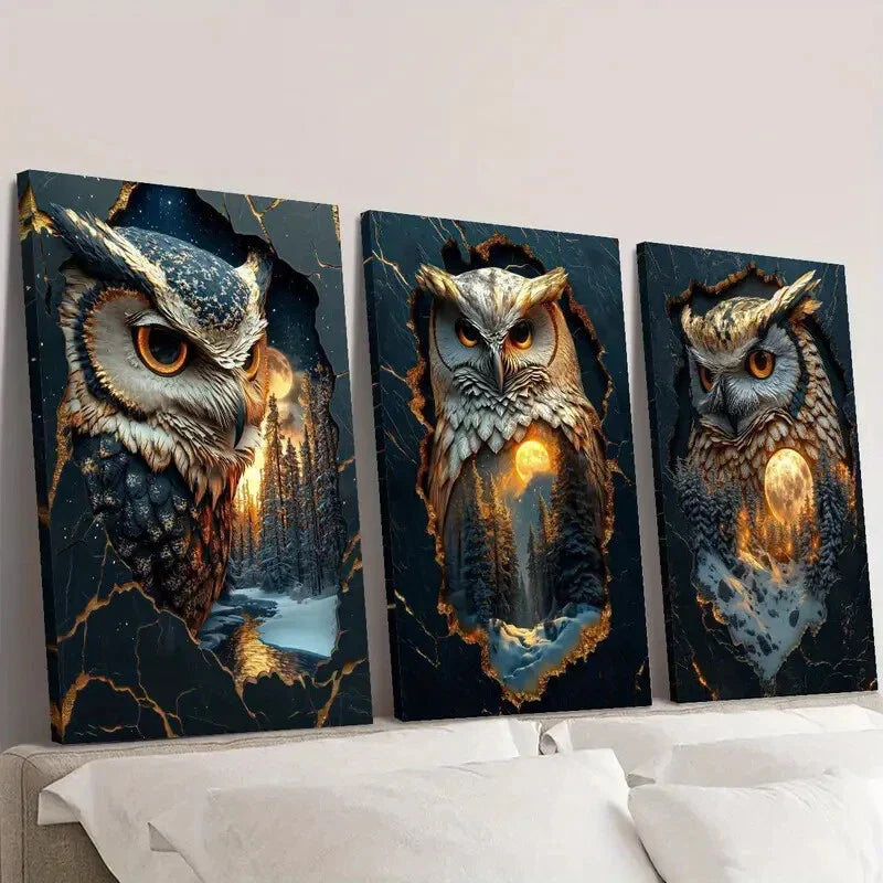 3pcs Mystical Fantasy Owl Guardian Portrait Wall Art Set Canvas Framed 40x60cm - High Quality Print 100% Australian Made Wall Canvas Ready to Hang