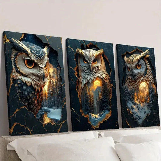 3pcs Mystical Fantasy Owl Guardian Portrait Wall Art Set Canvas Framed 40x60cm - High Quality Print 100% Australian Made Wall Canvas Ready to Hang