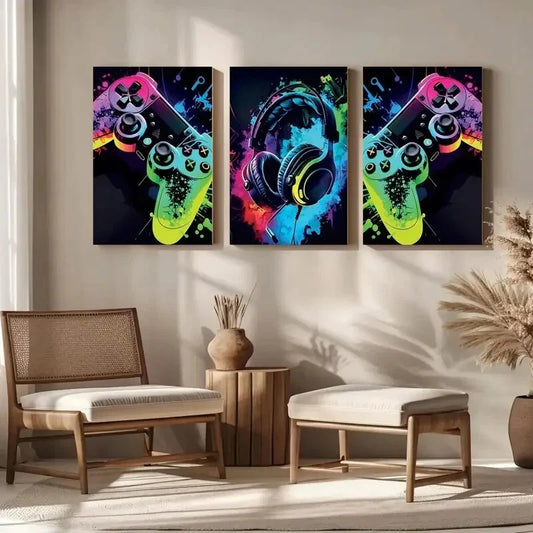 3pcs Neon Game Accessories Theme Fabric Metal Print Ready to Hang Art