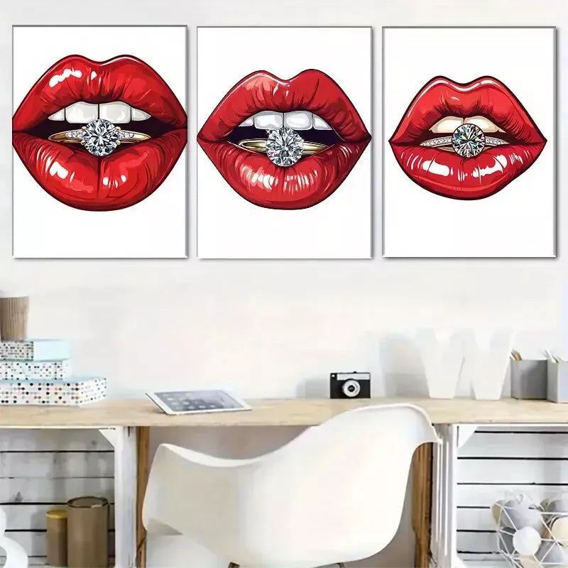 3pcs  Glamorous Red Lips with Diamond Ring Wall Art Set Canvas Framed 40x60cm - High Quality Print 100% Australian Made Wall Canvas Ready to Hang