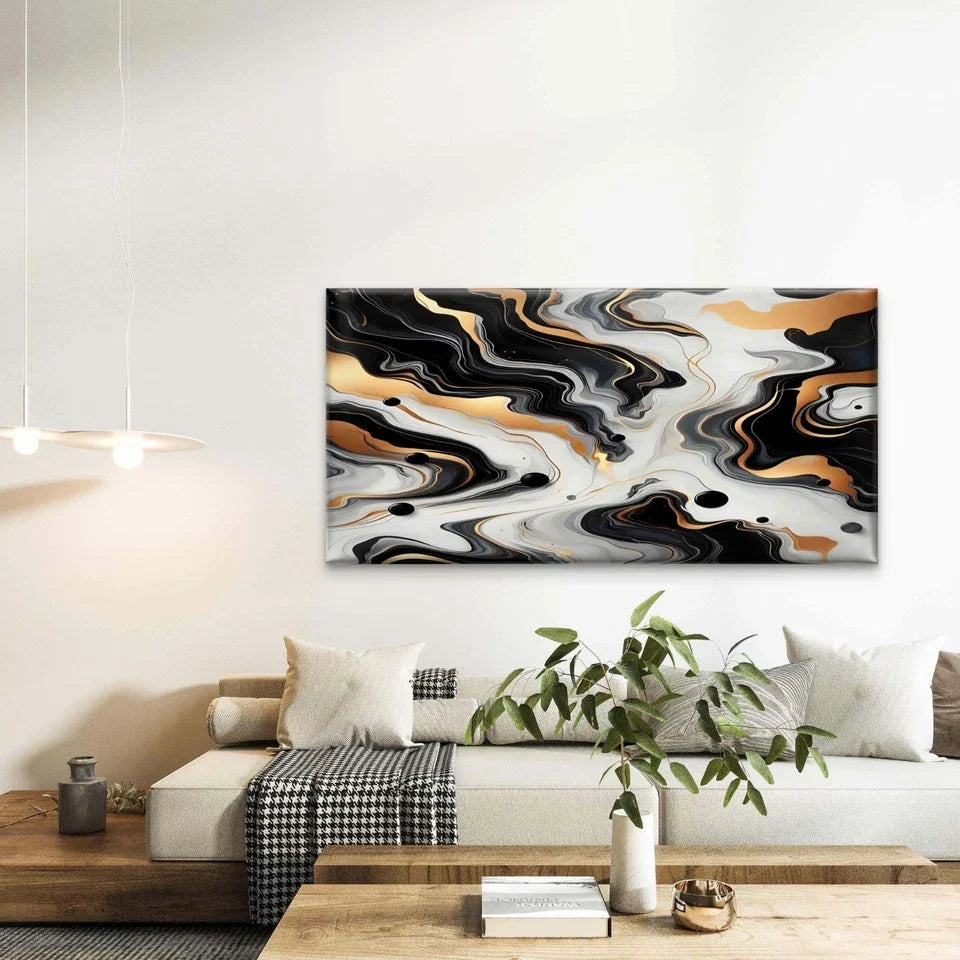 Abstract Black White Gold Swirl Wall Art Canvas Office Home Room Framed 120x60cm