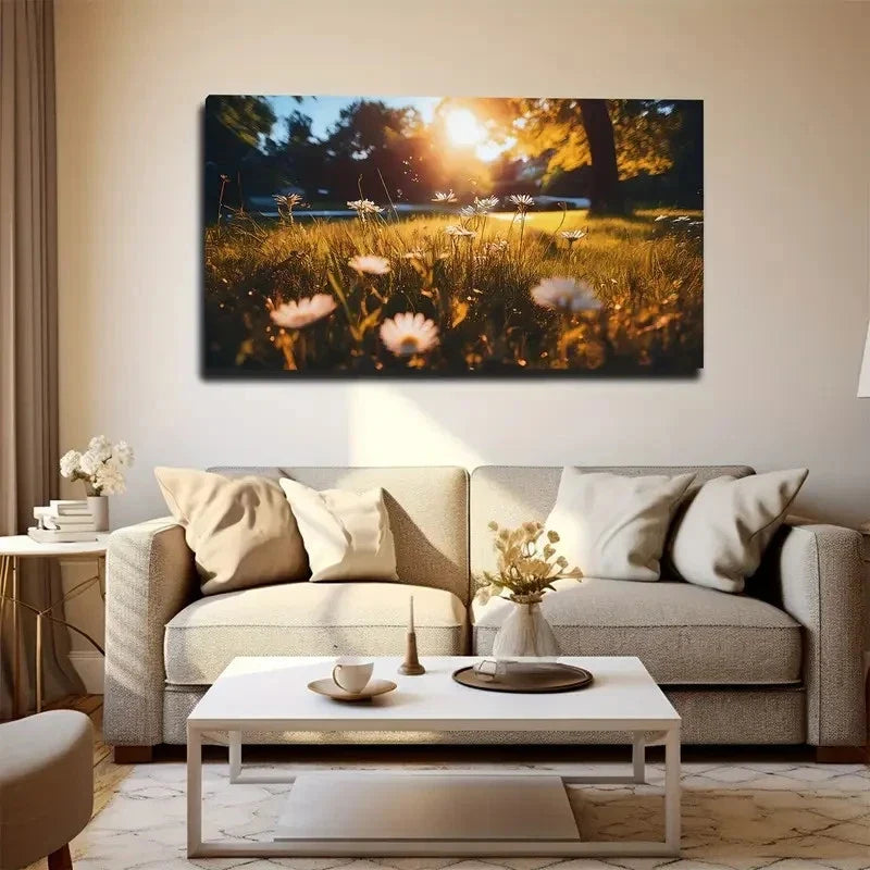 White Daisies Suitable Wall Art Canvas Office Home Room Framed 80x45cm
