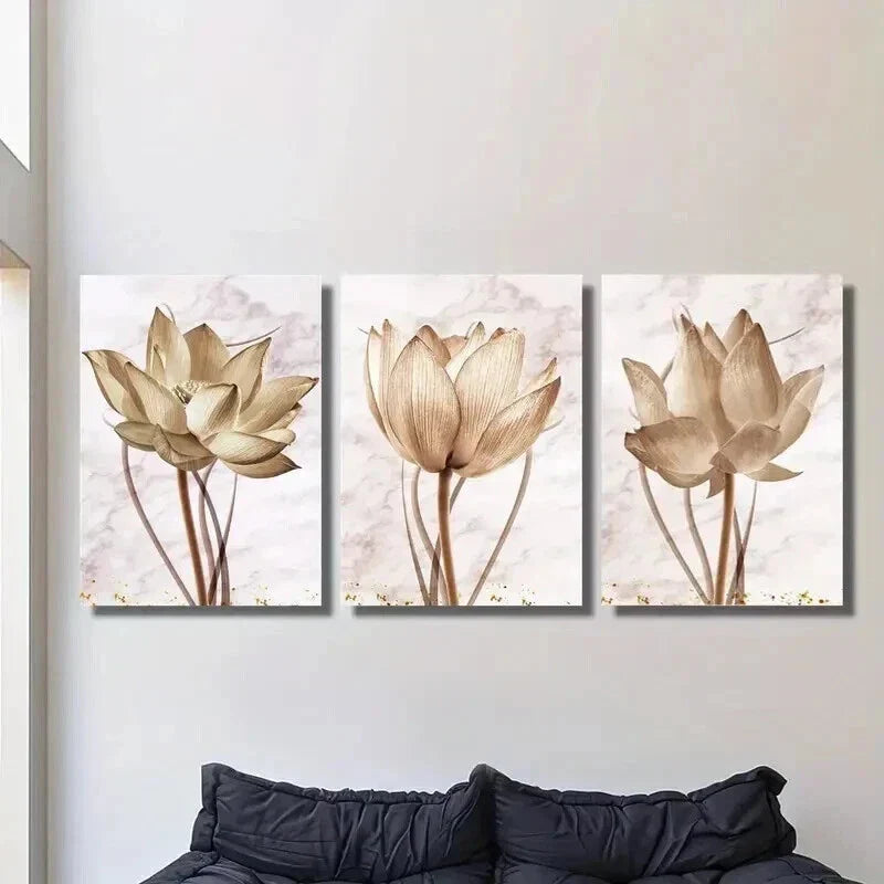 3pcs Golden Lotus Close Up Decorative Wall Art Set Canvas Framed 40x60cm - High Quality Print 100% Australian Made Wall Canvas Ready to Hang