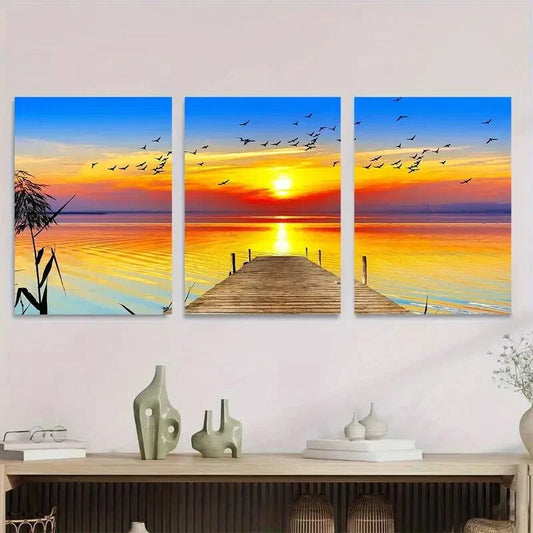 3pcs Panel Sunset Dock Triptych Vibrant Orange Metal Print Ready to Hang Art