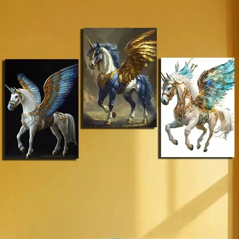 3pcs Golden Winged Horse Triptych Wall Art Set Canvas Framed 40x60cm - High Quality Print 100% Australian Made Wall Canvas Ready to Hang