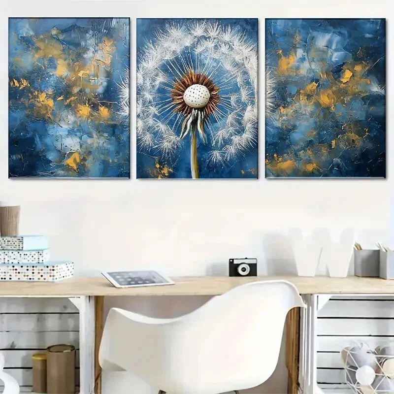 3pcs Abstract Blue And Golden Dandelion Decor Wall Art Set Canvas Framed 40x60cm - High Quality Print 100% Australian Made Wall Canvas Ready to Hang