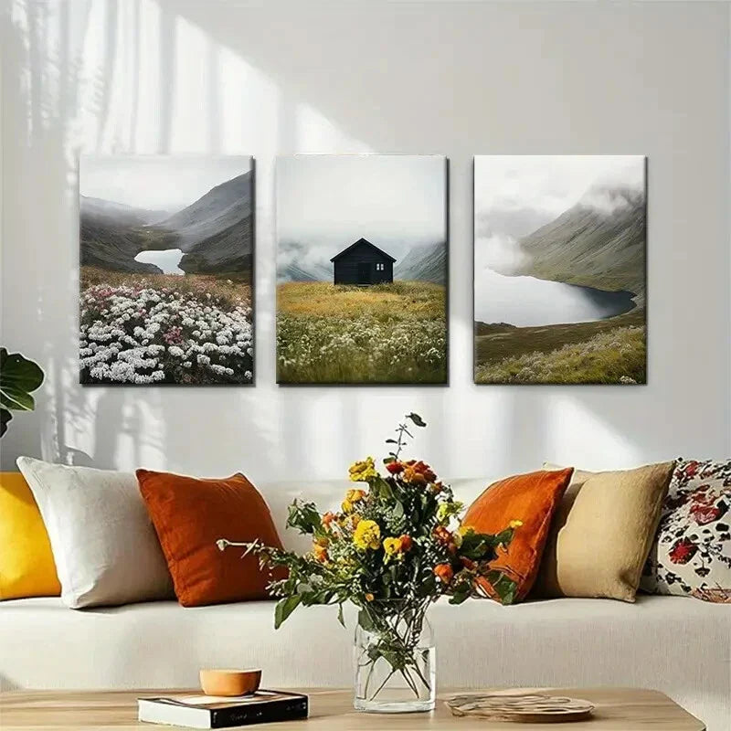 3pcs Misty Lake and Flower Field Cabin Perfect Wall Art Set Canvas Framed 40x60cm - High Quality Print 100% Australian Made Wall Canvas Ready to Hang