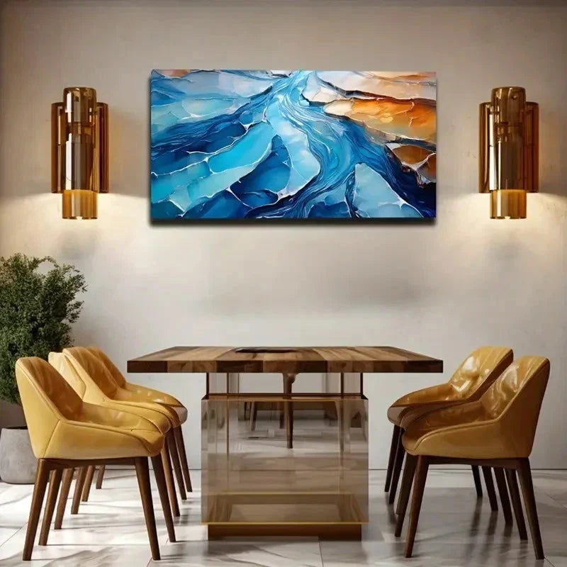 Abstract River Modern Blue Wall Art Canvas Office Home Room Framed 80x45cm