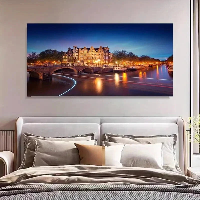 Dutch Cities Cityscape Canals Wall Art Canvas Office Home Room Framed 120x60cm