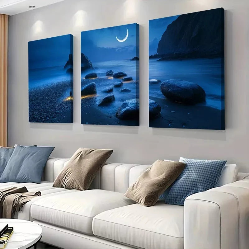 3pcs  Tranquil Ocean Shore with Crescent Moon Wall Art Set Canvas Framed 40x60cm - High Quality Print 100% Australian Made Wall Canvas Ready to Hang