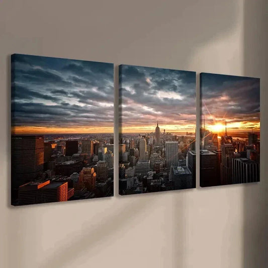 3pcs Vibrant Cityscape Skyscraper Sunset Wall Art Set Canvas Framed 40x60cm - High Quality Print 100% Australian Made Wall Canvas Ready to Hang