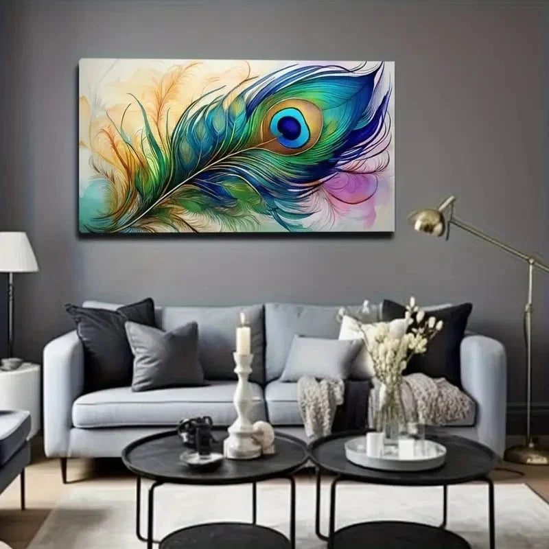 Vibrant Peacock Feather Wall Art Canvas Office Home Room Framed 120x60cm