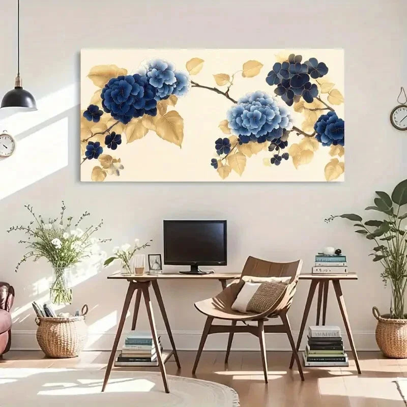 Blue Floral Leaves Luxury Wall Art Canvas Office Home Room Framed 120x60cm