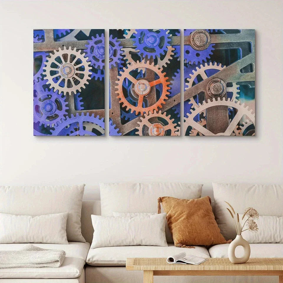 3pcs Orange Cogs & Gears Geometric Shapes Metal Print Ready to Hang Art