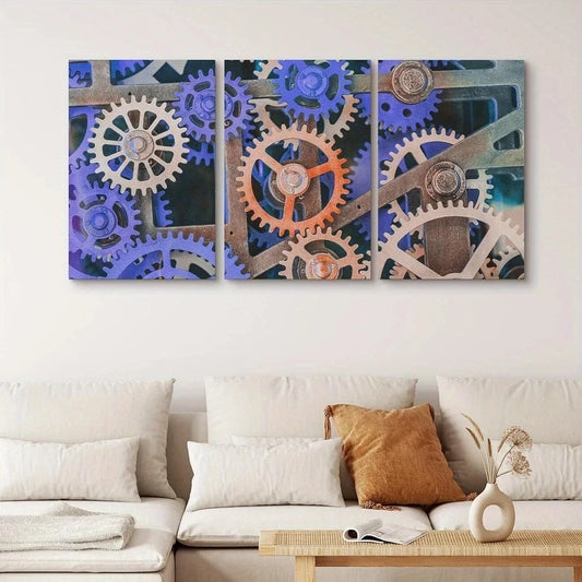 3pcs Orange Cogs & Gears Geometric Shapes Metal Print Ready to Hang Art