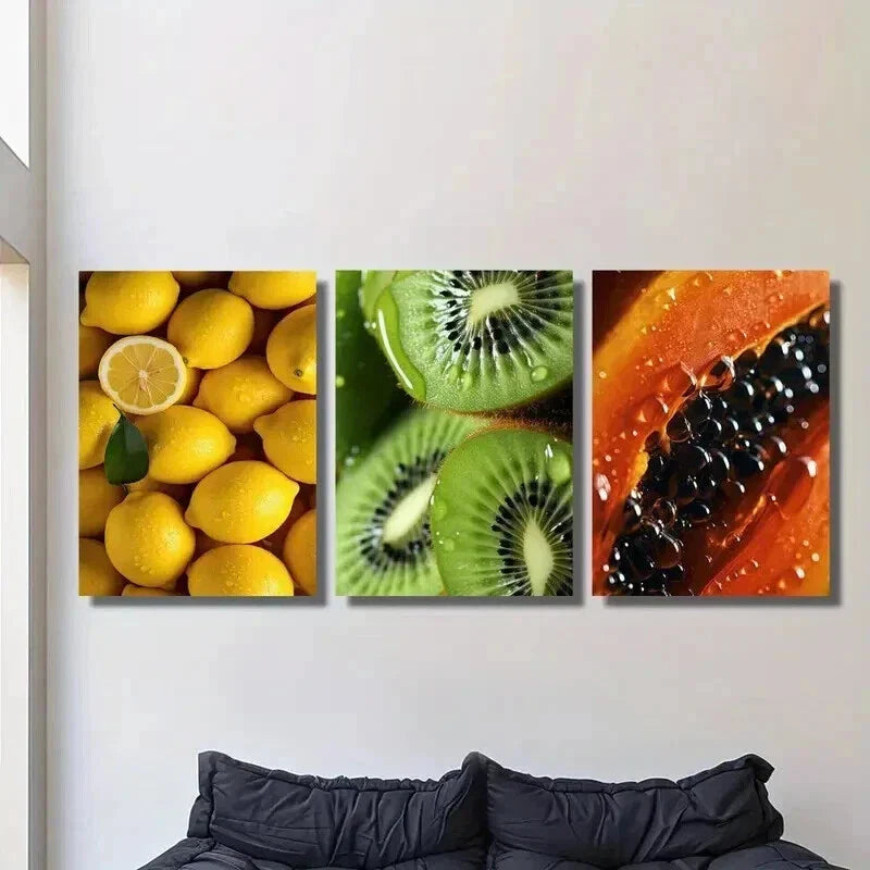 3pcs Tropical Lemon and Papaya Kiwi Poster Wall Art Set Canvas Framed 40x60cm - High Quality Print 100% Australian Made Wall Canvas Ready to Hang