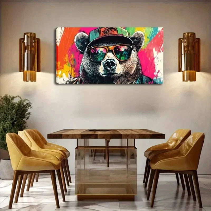 Stylish Bear In Hat & Glasses Wall Art Canvas Office Home Room Framed 80x45cm