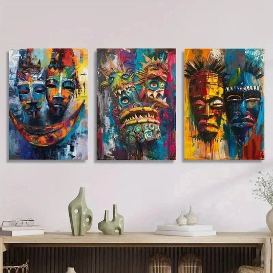 3pcs Abstract Masks Vibrant African Face Wall Art Set Canvas Framed 40x60cm - High Quality Print 100% Australian Made Wall Canvas Ready to Hang