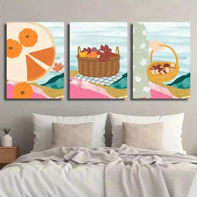3pcs Autumn Leaves Fruit Basket Illustration Wall Art Set Canvas Framed 40x60cm - High Quality Print 100% Australian Made Wall Canvas Ready to Hang