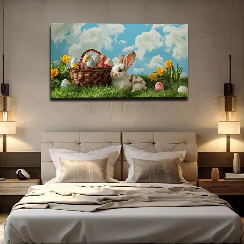 Rabbit On Green Grass Easter Wall Art Canvas Office Home Room Framed 80x45cm