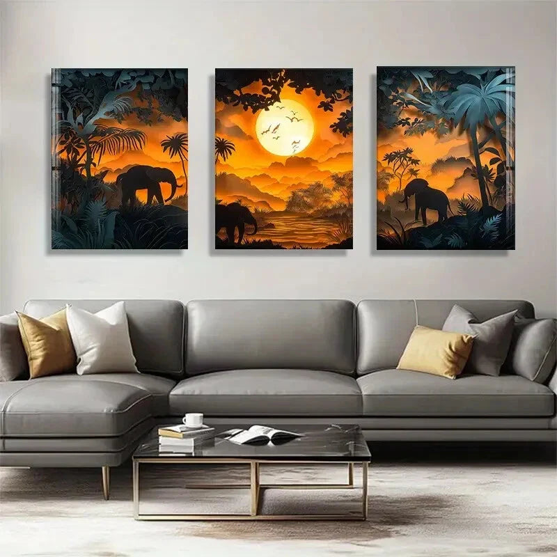 3pcs Majestic Elephants Sunset Safari Perfect Wall Art Set Canvas Framed 40x60cm - High Quality Print 100% Australian Made Wall Canvas Ready to Hang