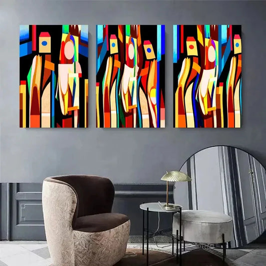 3pcs Bold Colorful Cubism Design with Dynamic Metal Print Ready to Hang Art