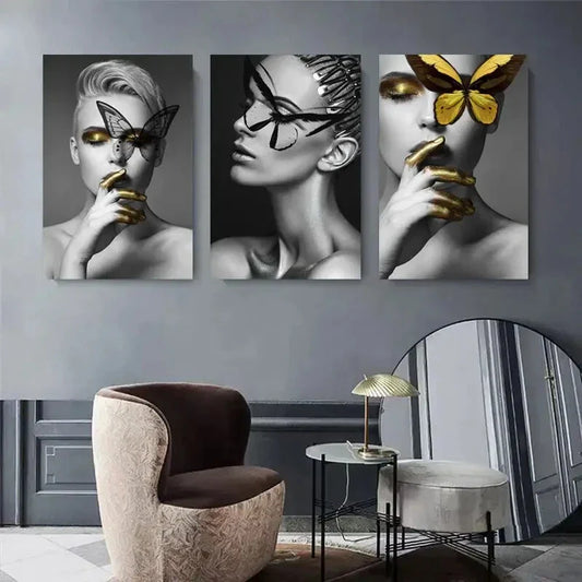 3pcs Black and White Butterfly Makeup Metal Print Ready to Hang Art