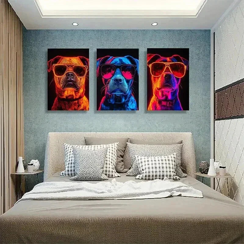 3pcs Stylish Dogs in Neon Fashion Glasses Wall Art Set Canvas Framed 40x60cm - High Quality Print 100% Australian Made Wall Canvas Ready to Hang