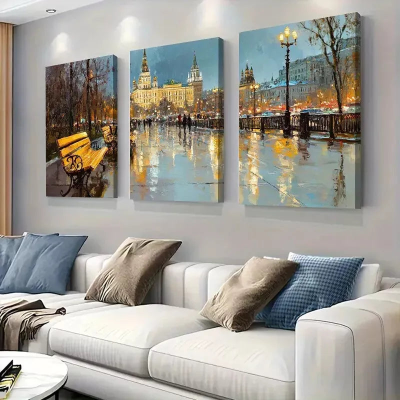 3pcs  Moscow evening Streetscape Wrapped Wall Art Set Canvas Framed 40x60cm - High Quality Print 100% Australian Made Wall Canvas Ready to Hang